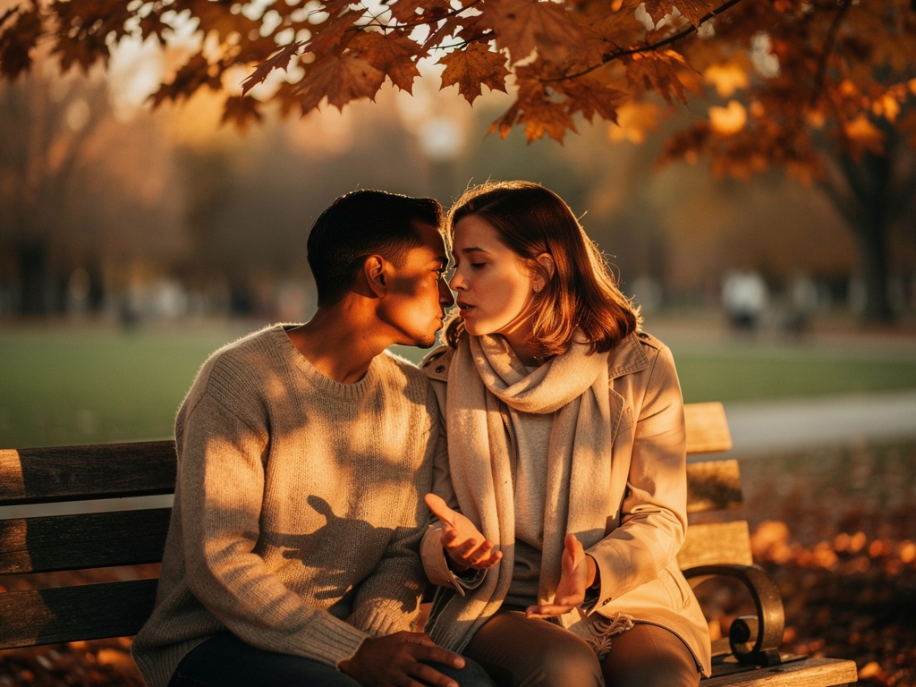 A supportive scene of two people having a caring conversation on a park bench, one offering comfort to the other, with autumn trees and soft golden light creating a compassionate atmosphere