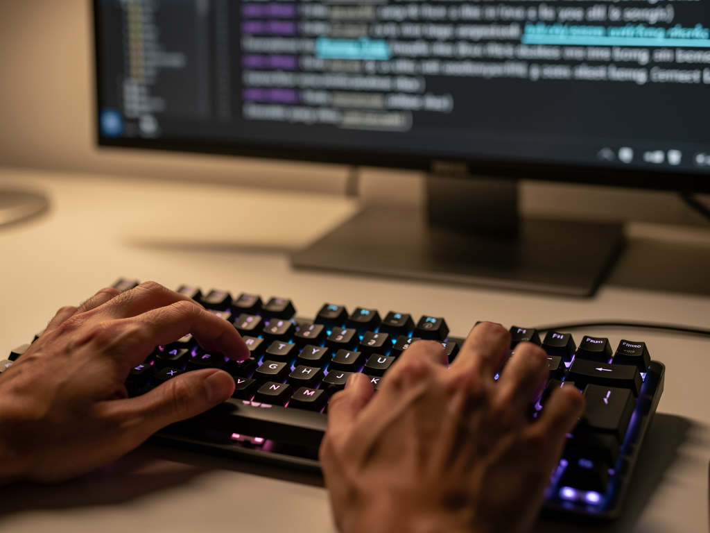 Close-up of a user's hands typing rapidly on a modern mechanical keyboard, with a blurred screen in the background displaying text being corrected in real-time by a writing assistant.