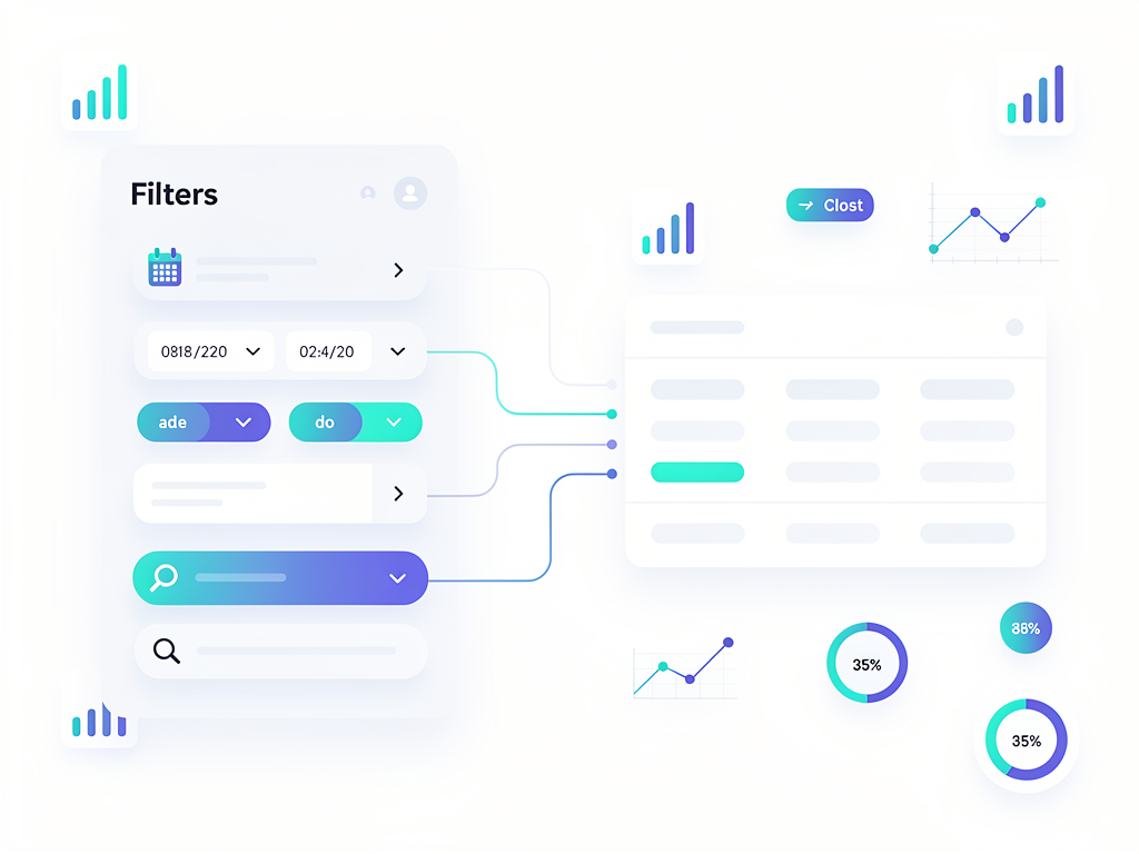 Dashboard interface mockup showing a SaaS admin panel with a complex filter form including date range pickers, multi-select dropdowns, and search input, with a data table below showing filtered results, modern clean design with subtle gradients