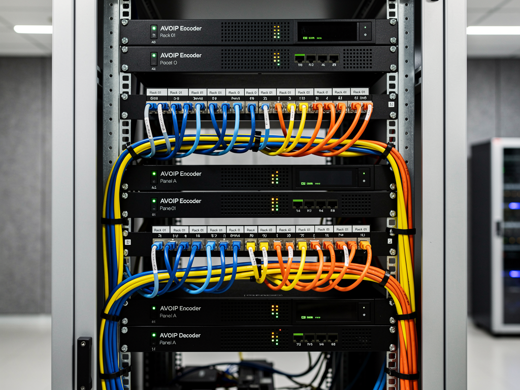 Neatly organized AV rack installation showing color-coded network cables, labeled patch panels, and properly mounted AVoIP encoders and decoders with adequate spacing for ventilation