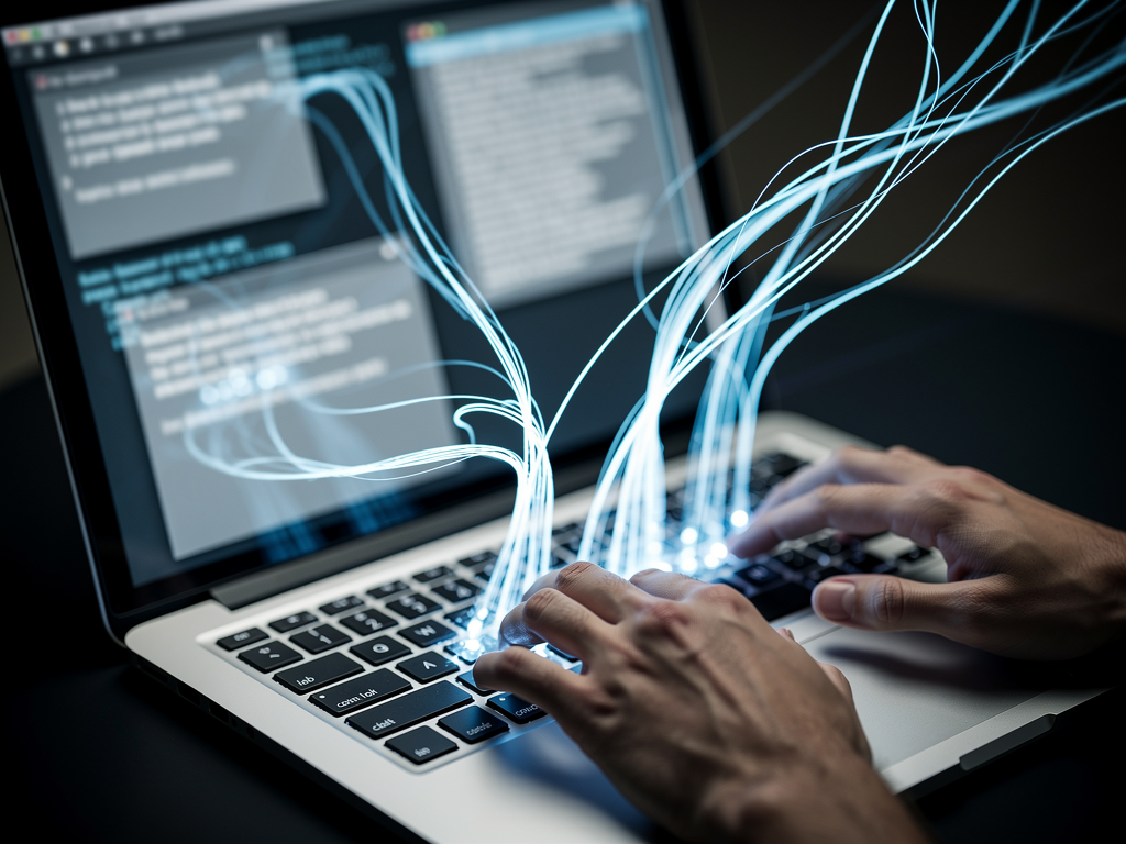 A person's hands typing rapidly on a modern laptop keyboard, with glowing blue lines illustrating the flow of text and ideas across the screen.