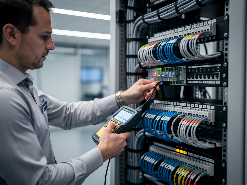 AV technician methodically checking cable connections at a patch panel, using a cable tester to verify network connectivity, organized cable management visible in the background of the well-lit equipment room