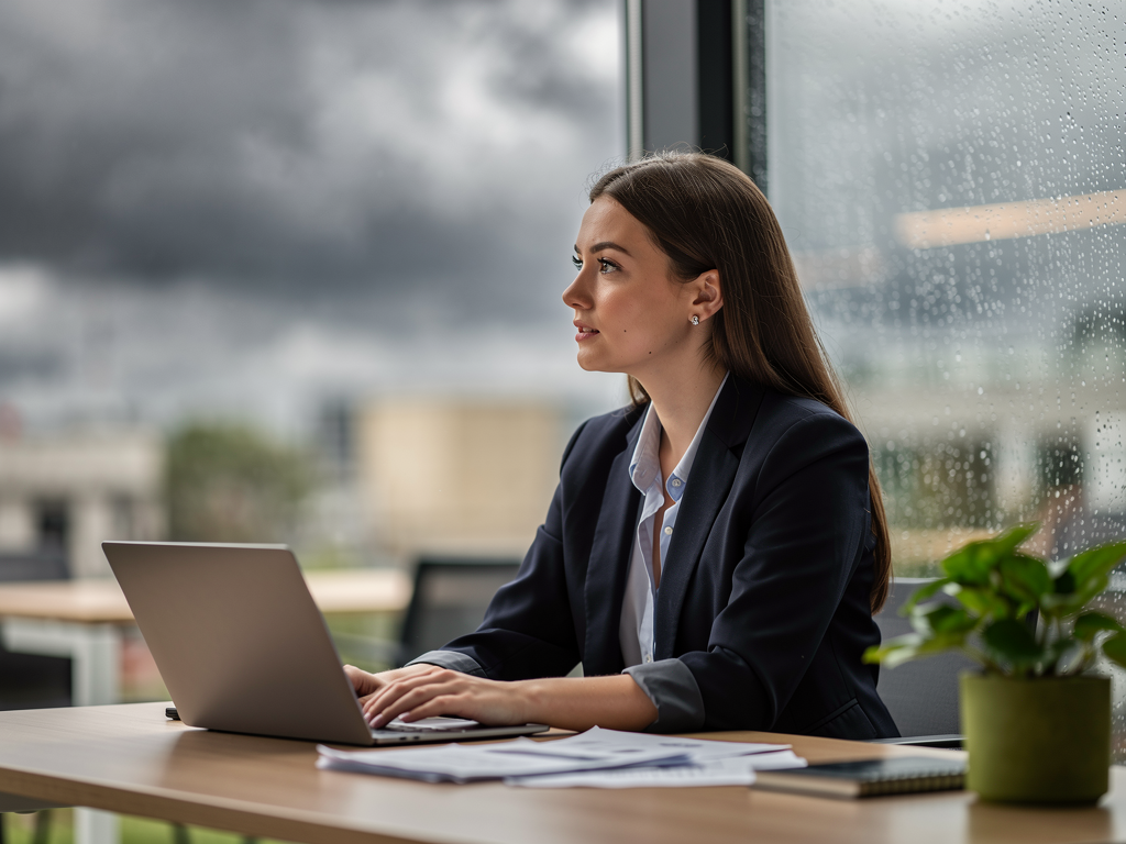 A young professional woman sitting at her desk in a modern British office, staring out of a rain-streaked window with an unfocused gaze, papers and a laptop untouched before her, soft natural daylight filtering through, conveying a sense of being mentally elsewhere whilst surrounded by work responsibilities