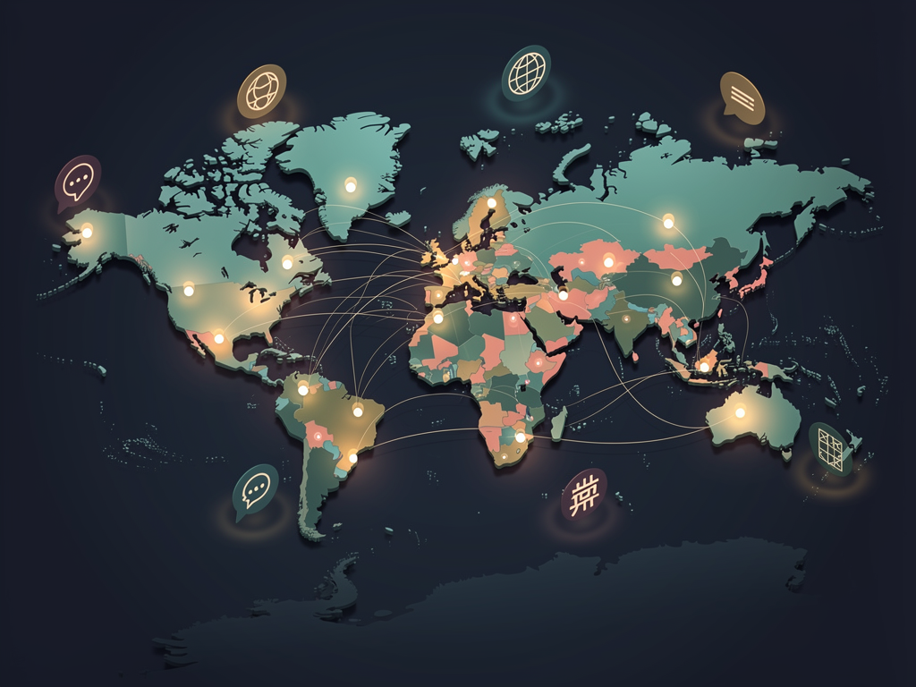 A world map display showing content distribution across multiple language markets, with icons indicating localized content versions in different regions. The visualization shows traffic metrics and engagement data for each market, demonstrating the scope of multilingual content operations.