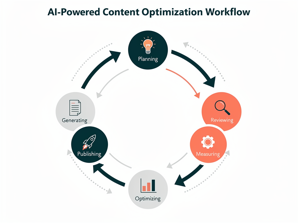 Circular diagram showing continuous improvement cycle for AI content: Plan, Generate, Review, Publish, Measure, Optimize, with arrows connecting each stage and feedback loops indicated by dotted lines returning to earlier stages, clean infographic style with professional color palette