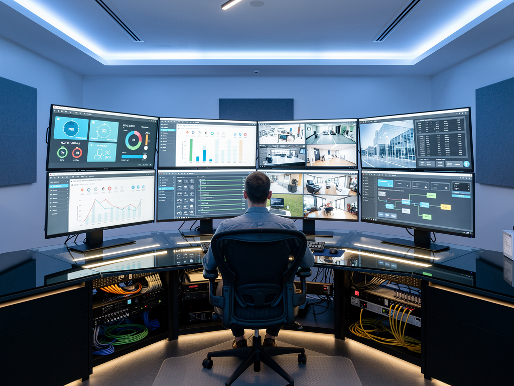 A modern corporate building control room featuring multiple monitoring screens displaying BMS dashboards alongside AVoIP video walls, with an operator reviewing integrated system status in a well-lit professional environment with blue ambient lighting accents
