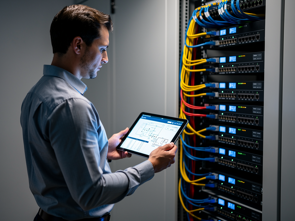 An AV technician reviewing system documentation on a tablet while standing in front of an equipment rack, with integration diagrams visible on the tablet screen, photographed in a well-organized technical space with professional lighting