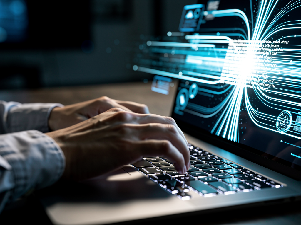 A person's hands typing rapidly on a modern laptop keyboard, with glowing blue lines illustrating the flow of text and ideas across the screen.