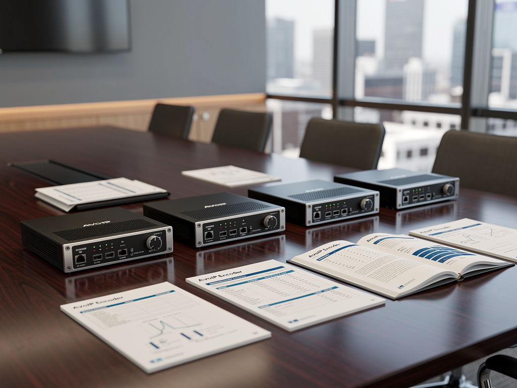 A product comparison setup on a conference table showing multiple AVoIP encoder and decoder units from different manufacturers, specification sheets spread nearby, natural daylight from windows illuminating the professional evaluation environment