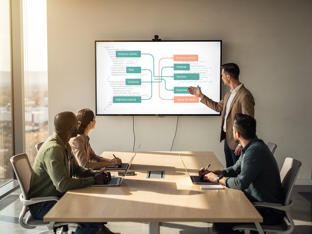 A team meeting focused on SEO strategy with schema documentation visible on a conference room screen, professionals discussing implementation plans with laptops and notebooks, collaborative corporate environment with natural lighting