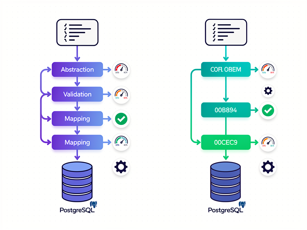 Side-by-side comparison diagram of Prisma and Drizzle ORM architectures showing query flow from application code through ORM layer to PostgreSQL database, with performance metrics and feature callouts, clean technical illustration style
