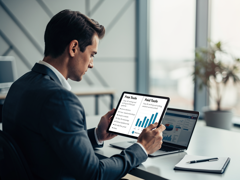 A business professional analyzing comparison charts on a tablet device, decision-making process visualization with pros and cons columns, clean modern office setting, natural lighting from large windows, focused contemplative expression