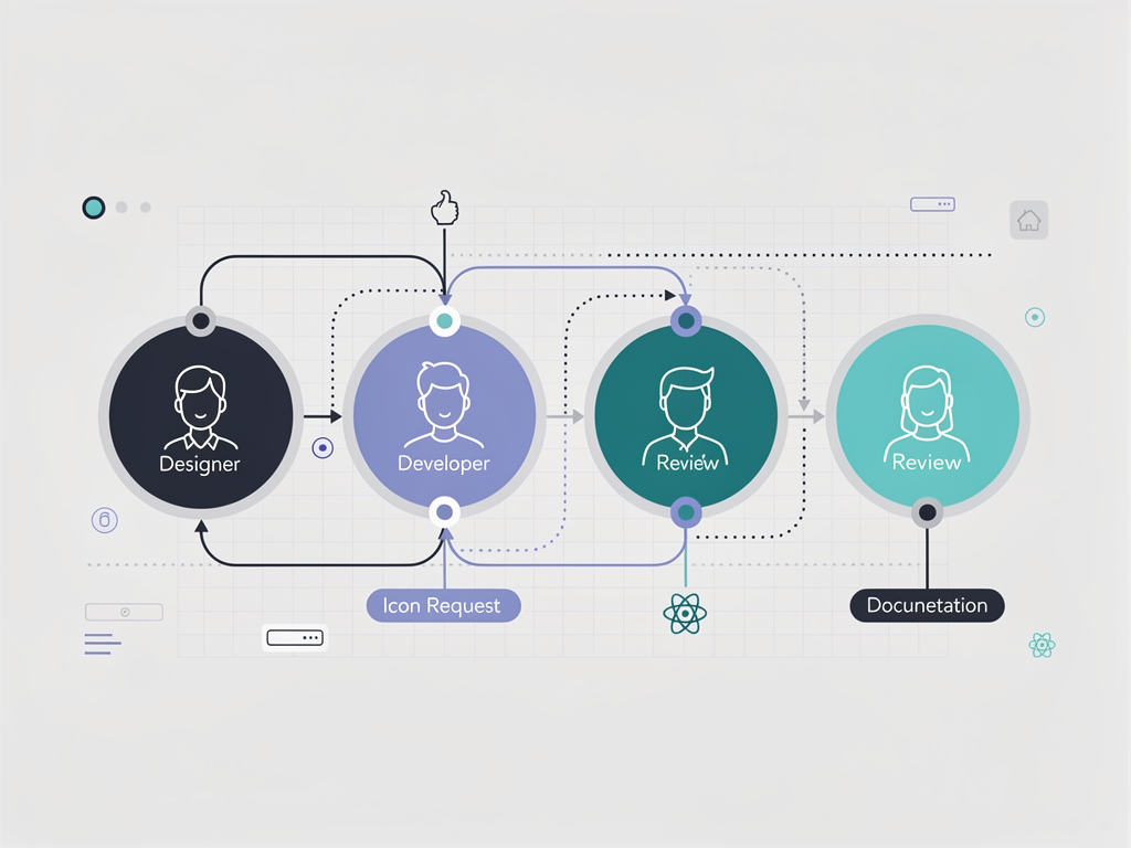 Collaborative design workflow diagram showing the process from icon request through design creation, development implementation, code review, and documentation update with team member avatars at each stage