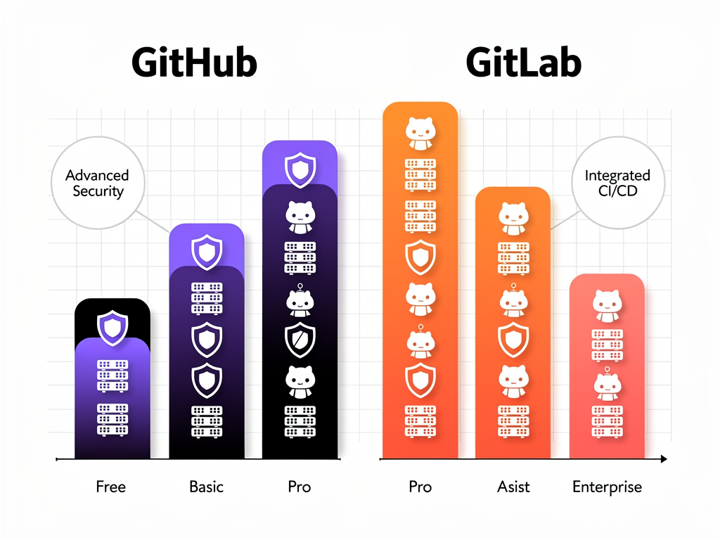Pricing comparison infographic showing GitHub and GitLab tier structures as ascending bar charts, with feature icons indicating what is included at each level, dollar amounts clearly displayed, and color coding to highlight value differences between comparable tiers