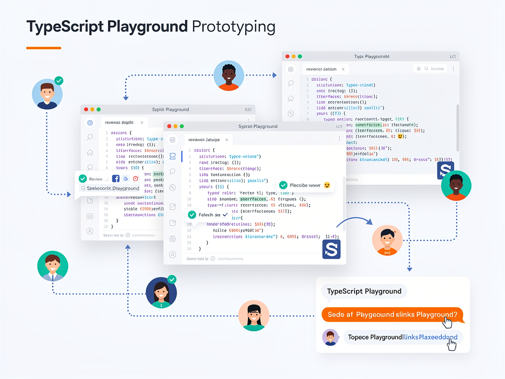 Team collaboration scene showing multiple browser windows with shared playground links, comment annotations on type definitions, and a chat interface discussing implementation approaches, modern remote work aesthetic with clean UI elements