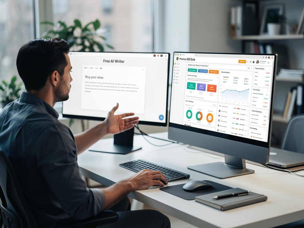 A professional digital marketer sitting at a modern desk with dual monitors displaying analytics dashboards and content management systems, natural office lighting streaming through windows, focused expression while comparing different AI writing tool interfaces side by side, clean minimalist workspace aesthetic