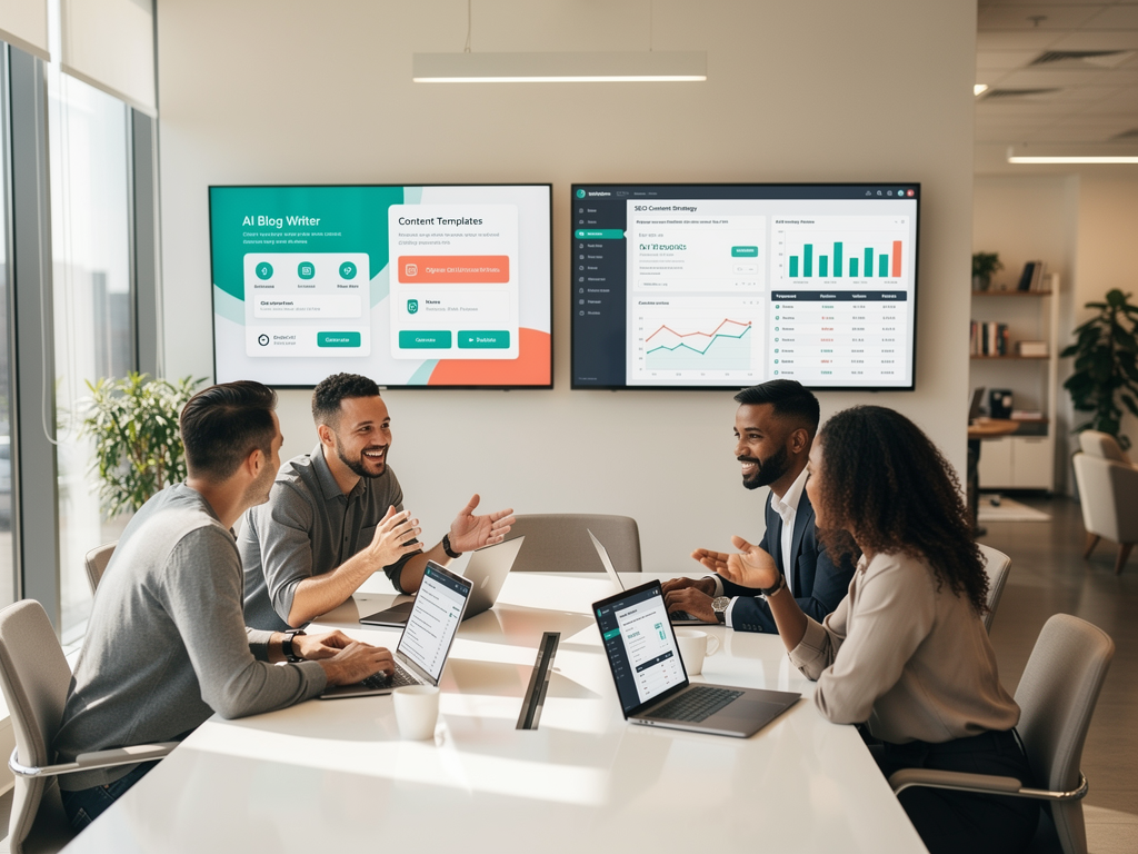 Professional team collaborating around a modern conference table with large displays showing content performance dashboards, SEO metrics, and ranking progress charts, conveying successful content strategy execution in a bright, contemporary office environment