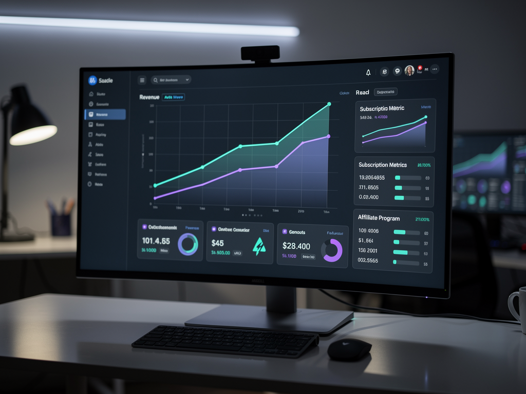 Dashboard interface showing payment analytics with revenue charts, subscription metrics, and affiliate program statistics displayed in a modern SaaS admin panel with dark mode styling, featuring graphs showing monthly recurring revenue growth and customer lifetime value trends
