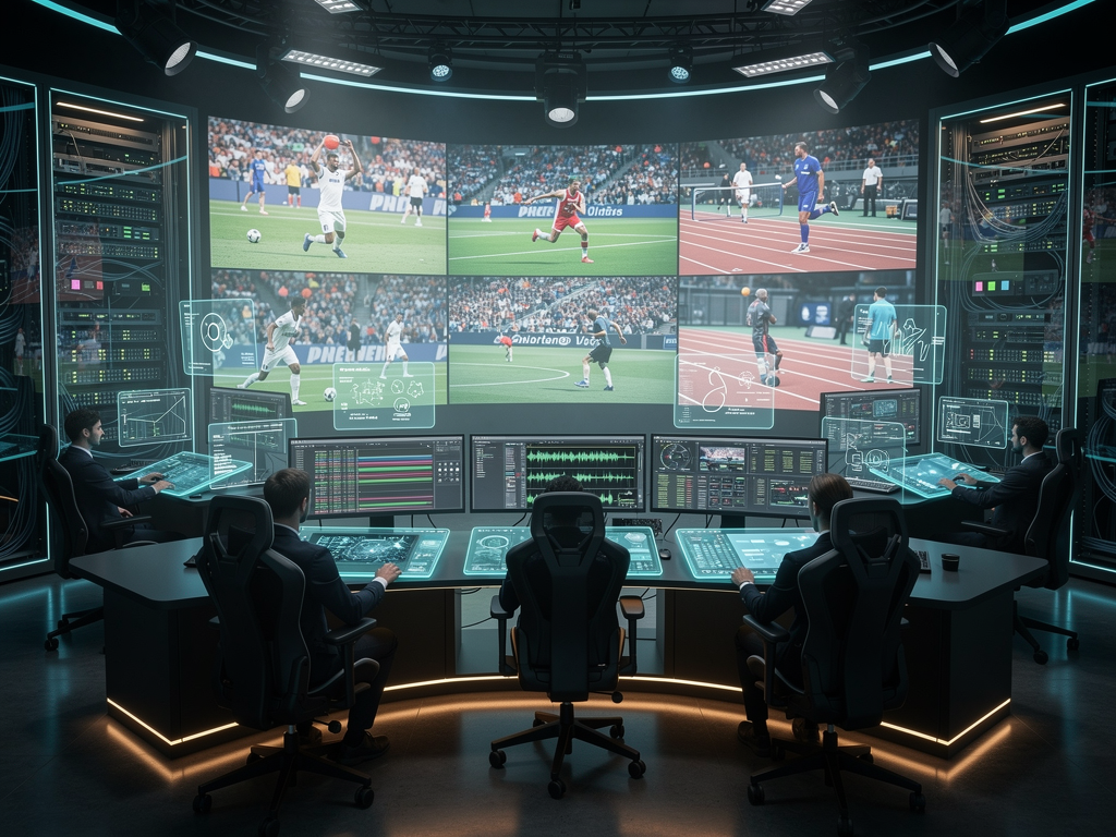 A futuristic sports broadcasting control room concept with large curved displays showing multiple 8K video feeds. Operators interact with touch-screen interfaces while AI-assisted production tools suggest camera selections and replay moments.