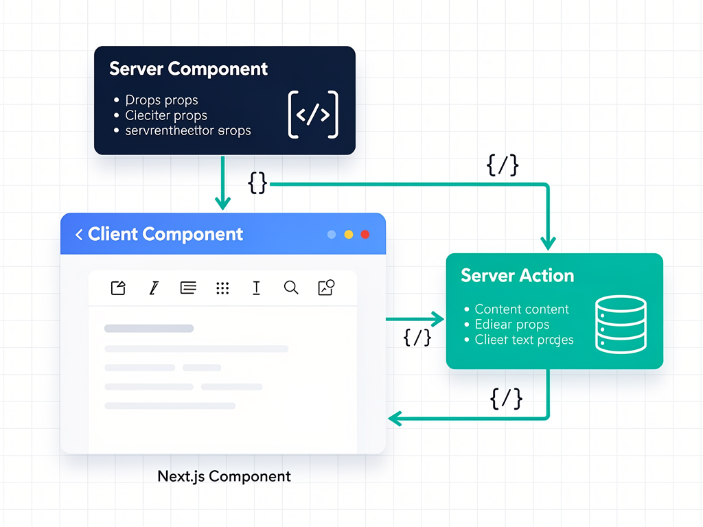 Code architecture diagram showing Next.js App Router integration pattern with Server Component passing props to Client Component containing the rich text editor, with Server Action handling content persistence, rendered in clean infographic style with code snippets