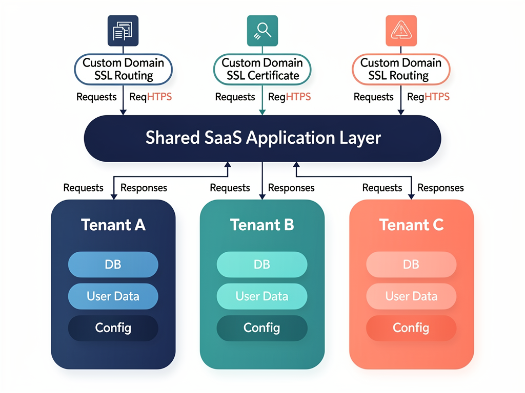 Technical diagram illustrating multi-tenant SaaS architecture with separate data stores, shared application layer, custom domain routing, and SSL certificate management, using clean lines and professional color coding to show data flow between components