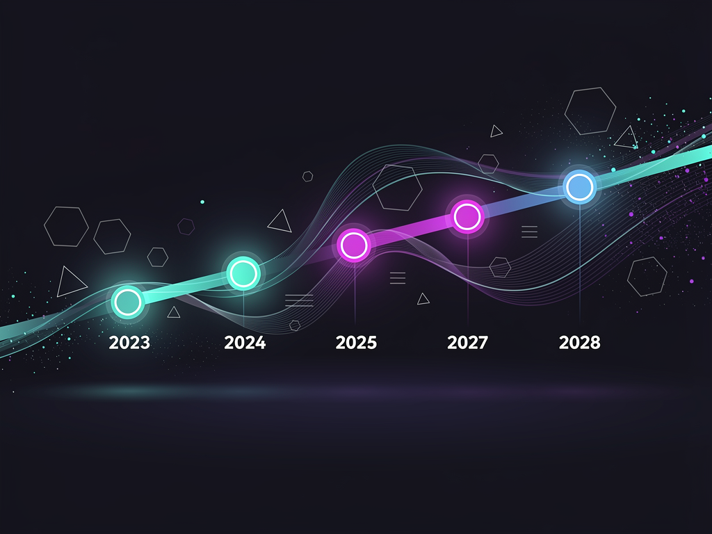 A timeline visualization showing the evolution of AI SEO capabilities from 2023 through 2026 and projected developments through 2028, with milestone markers indicating key capability advances like full pipeline automation, autonomous publishing, and AI search optimization. The design uses a modern, forward-looking aesthetic with gradient colors suggesting technological progress.