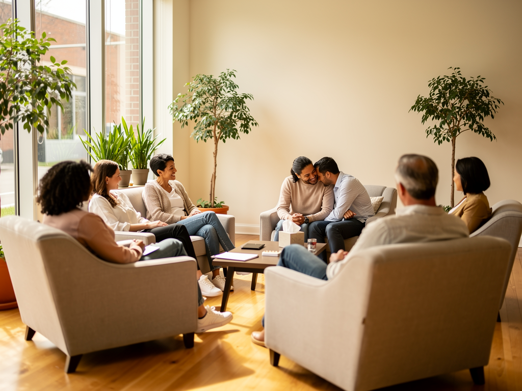 A diverse group of people sitting in a circle in a community centre, engaged in supportive conversation, warm lighting and comfortable seating creating an atmosphere of understanding and shared experience