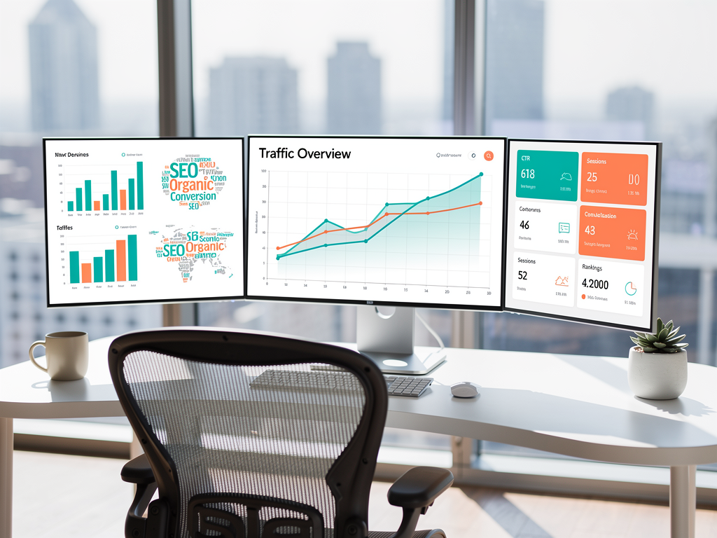 Modern digital marketing workspace showing multiple computer monitors displaying SEO analytics dashboards, keyword research tools, and content performance metrics in a bright, professional office environment with natural lighting streaming through large windows