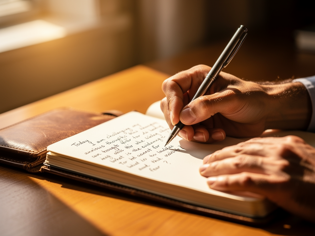 Close-up of hands writing in a journal on a wooden desk, with a pen and notebook visible, warm afternoon lighting creating a contemplative atmosphere, suggesting the practice of thought recording and self-reflection
