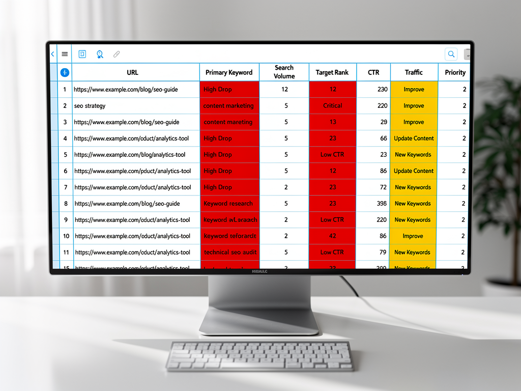A spreadsheet view showing a content audit with columns for URL, primary keyword, secondary keywords, current ranking position, and cannibalization risk score, with conditional formatting highlighting high-risk overlaps in red and opportunities for consolidation in yellow