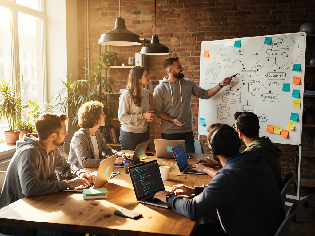 Diverse group of developers collaborating in a modern co-working space, some working on laptops while others discuss architecture diagrams on a whiteboard, representing the supportive community around open-source SaaS development tools, warm and collaborative atmosphere
