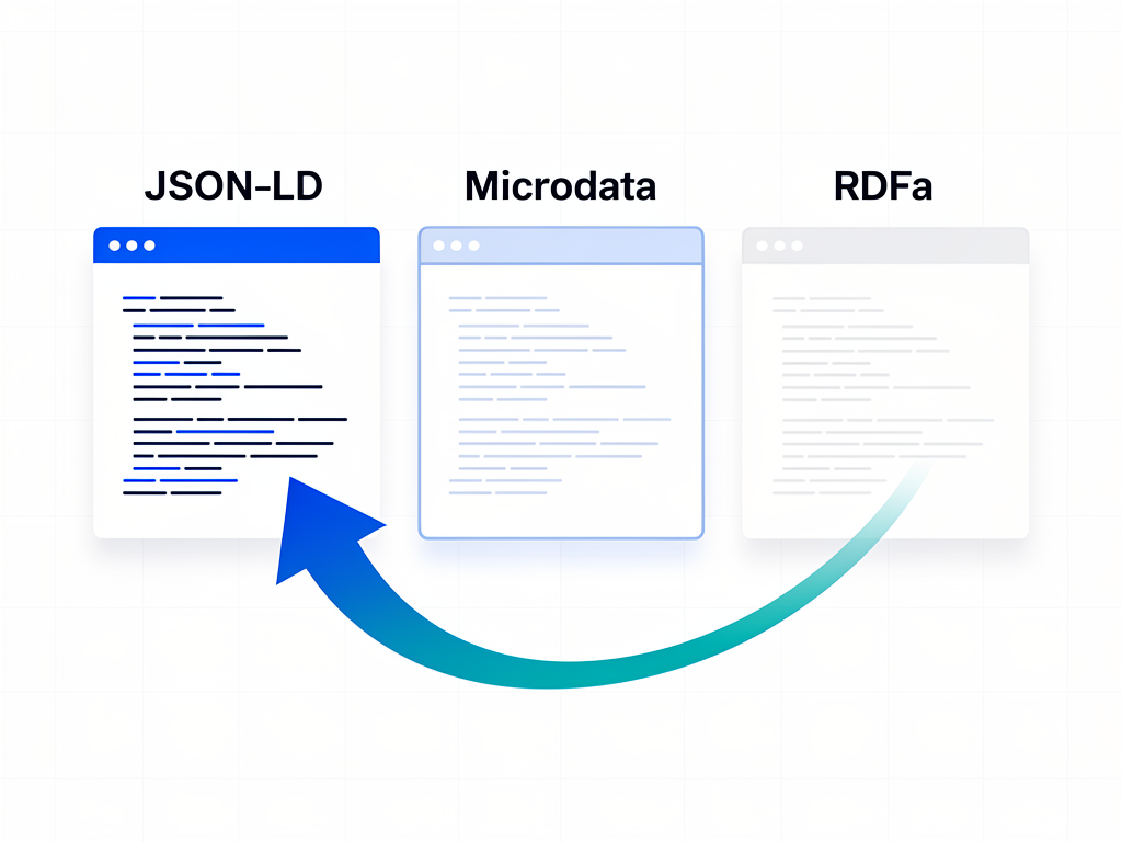 A comparison diagram showing JSON-LD, Microdata, and RDFa code examples side by side on a whiteboard, with arrows indicating the recommended JSON-LD format, clean minimalist design with blue and white color scheme