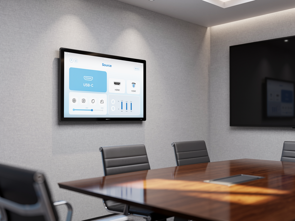 A touch panel control interface mounted on a conference room wall displaying a clean, intuitive layout with source selection buttons and display controls, soft ambient lighting in the modern meeting space, user-friendly design clearly visible