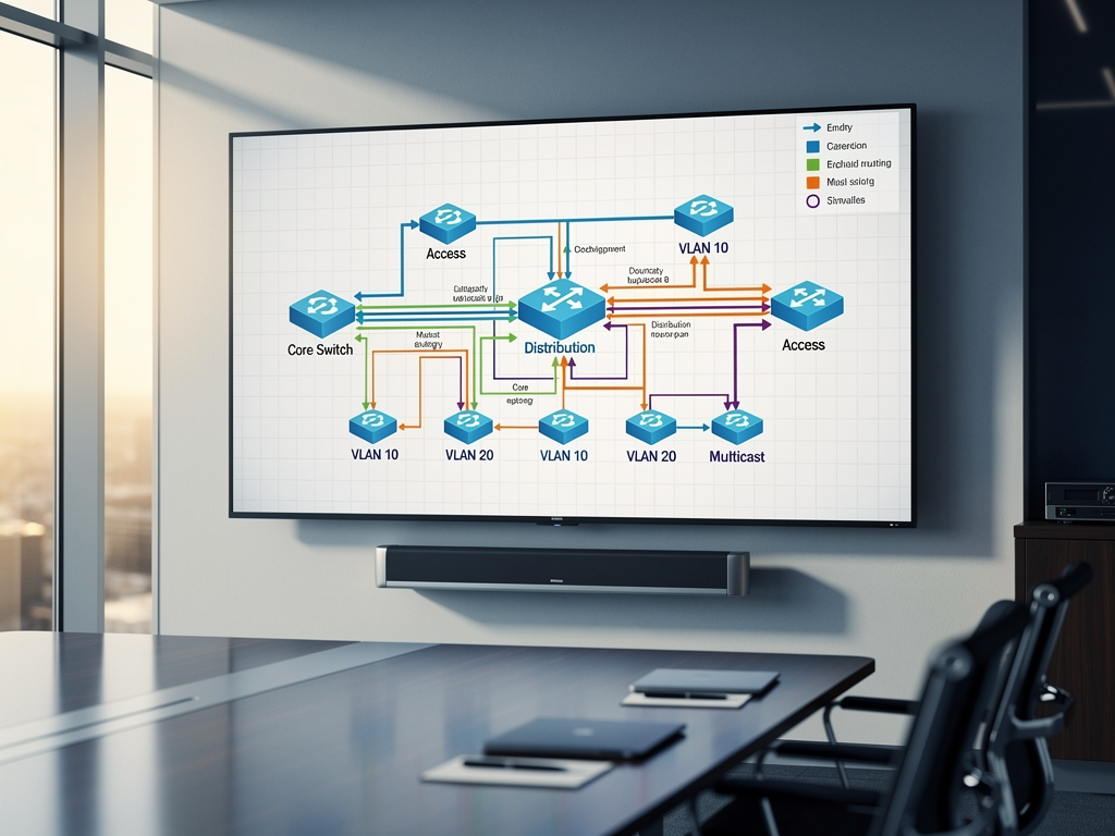 Detailed network topology diagram displayed on a large monitor showing interconnected switches, VLANs, and multicast routing paths in a corporate meeting room with natural lighting through floor-to-ceiling windows