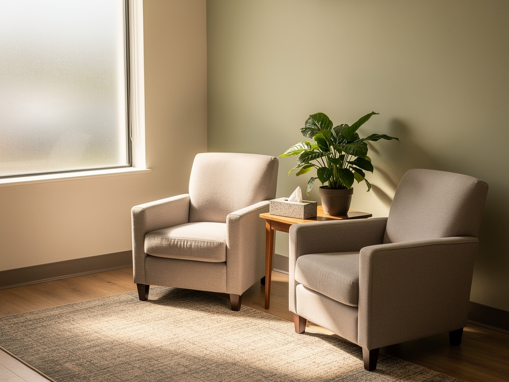 A therapy room with two comfortable armchairs positioned at an angle, a small table between them with a box of tissues and a plant. Warm, diffused natural light fills the space through a frosted window. The setting conveys safety, professionalism, and calm.