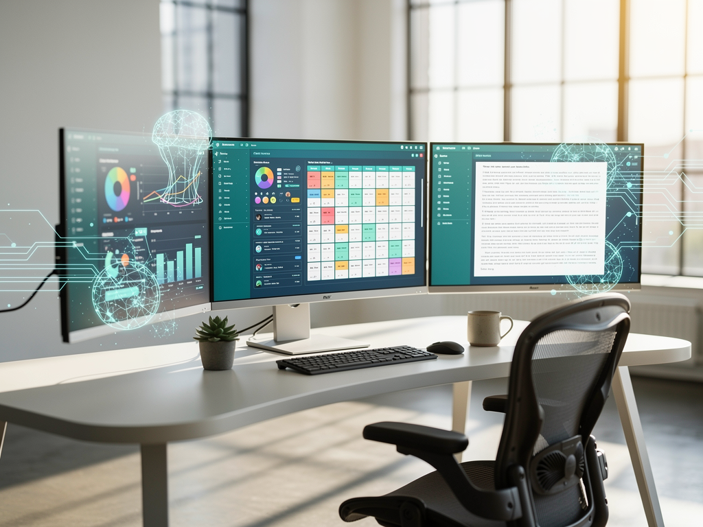 Modern digital marketing workspace showing multiple computer monitors displaying AI content generation dashboards, SEO analytics charts, and keyword research tools in a bright office environment with natural lighting streaming through windows