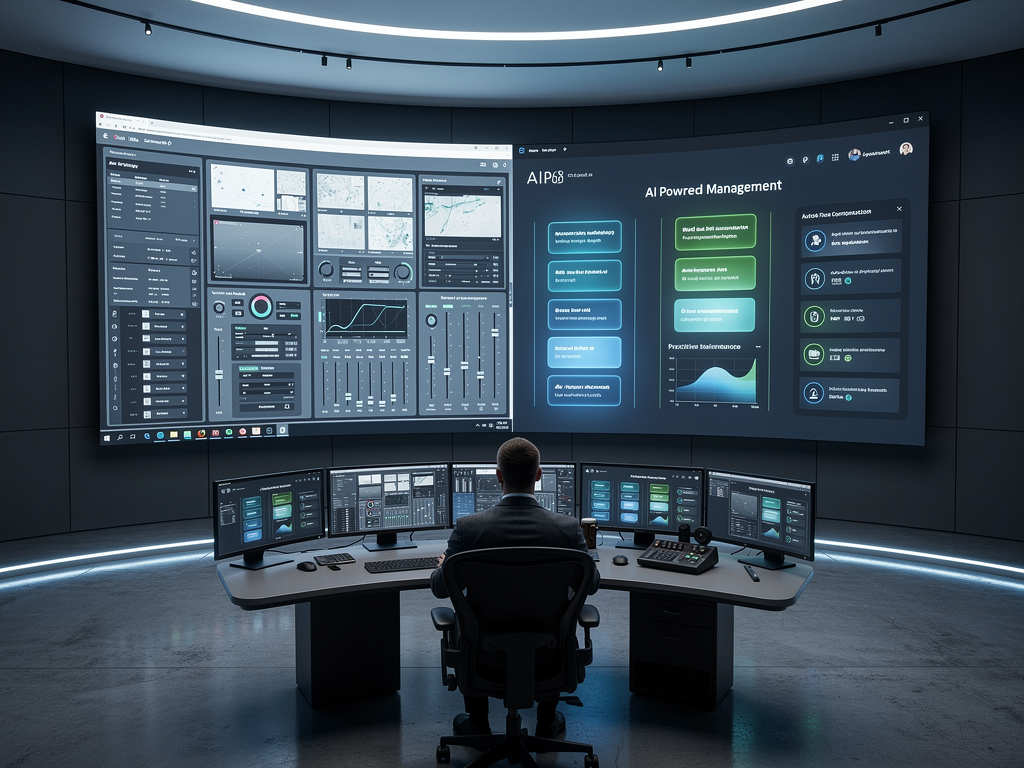 A split-screen comparison showing traditional video wall control interface alongside an AI-powered management dashboard with automated optimization recommendations in a modern control room setting