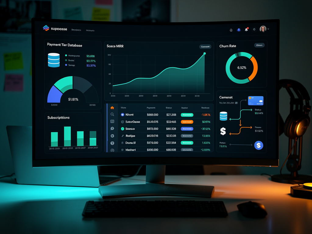 Analytics dashboard showing SaaS metrics including MRR trend line chart, churn rate gauge, subscription tier distribution pie chart, and recent transaction list, displayed in a modern admin interface with dark theme and accent colors