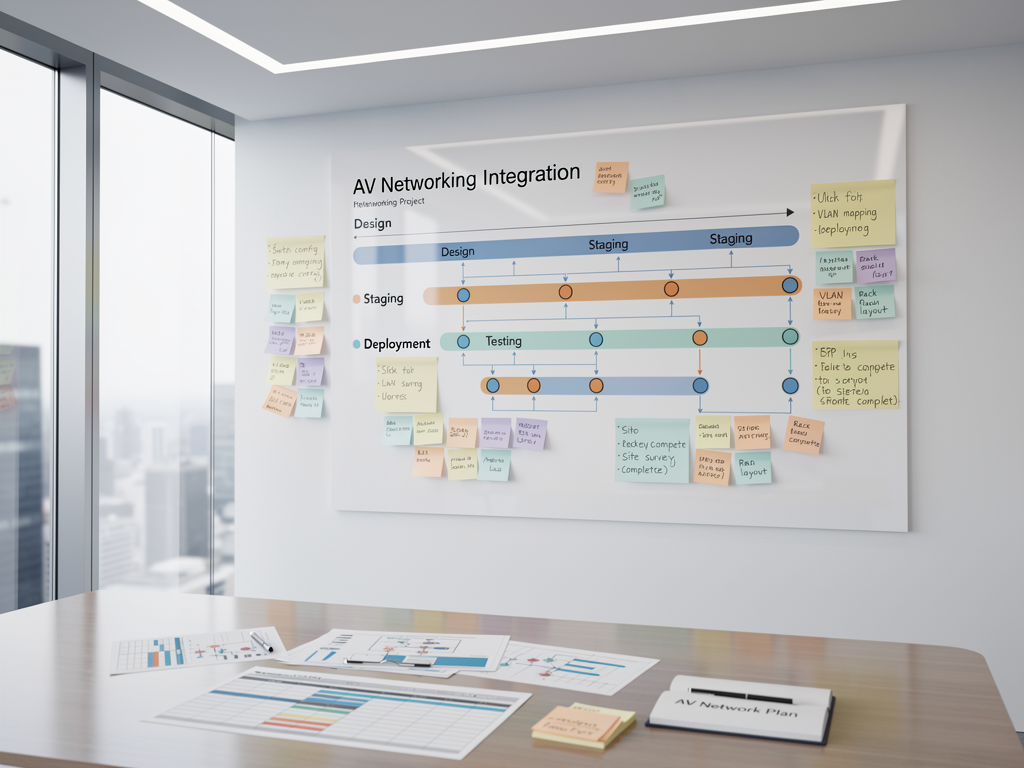 A project timeline displayed on a whiteboard in a planning meeting room, showing multiple implementation phases with milestone markers, surrounded by sticky notes containing technical specifications and deployment notes