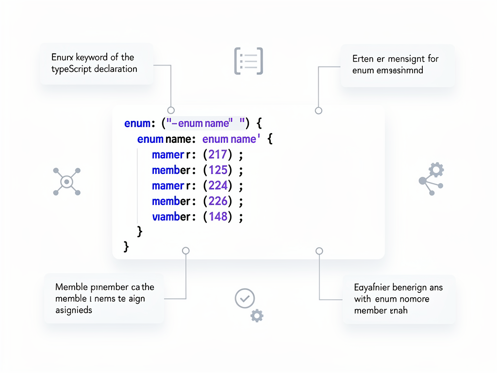 Infographic showing the anatomy of a TypeScript enum with labeled parts including the enum keyword, name, members, and assigned values, displayed against a clean white background with blue and purple accent colors in a modern developer documentation style