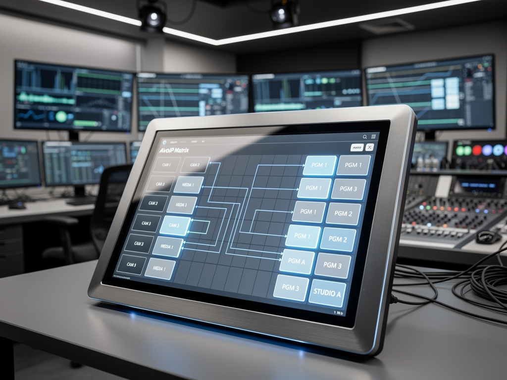 A control room interface displayed on a touchscreen panel showing an AVoIP matrix switching grid with multiple sources and destinations, set in a corporate broadcast operations environment with professional lighting and ergonomic workstations
