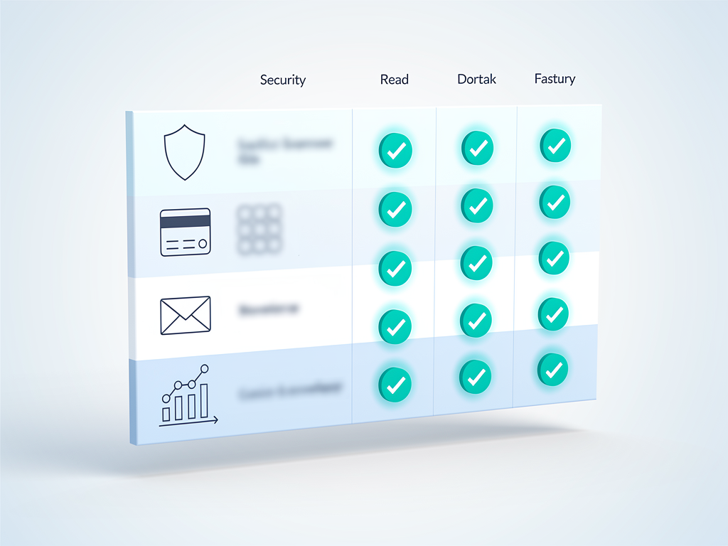 Feature comparison matrix showing capabilities of a comprehensive SaaS template, with rows for authentication, payments, admin panel, email marketing, analytics, and multi-tenancy, and columns showing included features with checkmarks, using a clean table design with alternating row colors and feature icons