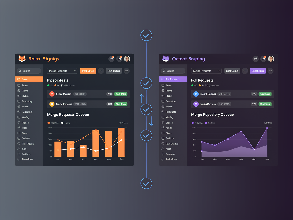 Split-screen comparison showing GitLab and GitHub dashboard interfaces side by side, with clean infographic styling highlighting key navigation elements, repository views, and pipeline status indicators in a modern tech aesthetic with blue and orange accent colors