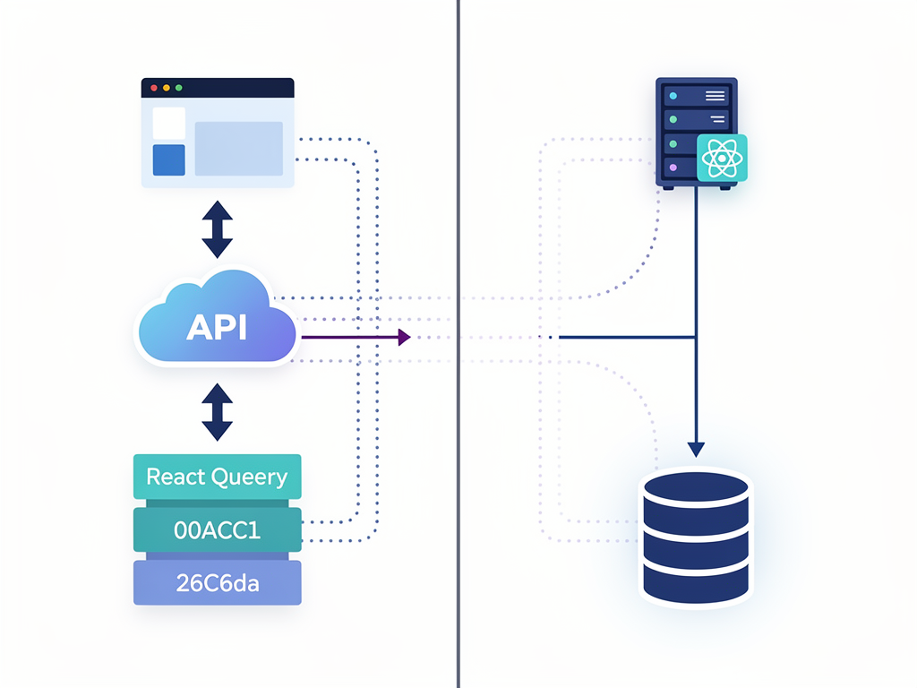 Data flow diagram comparing React Router client-side fetching with useEffect and React Query versus Next.js Server Components with direct database access, showing request patterns, caching layers, and component rendering in clean iconographic style