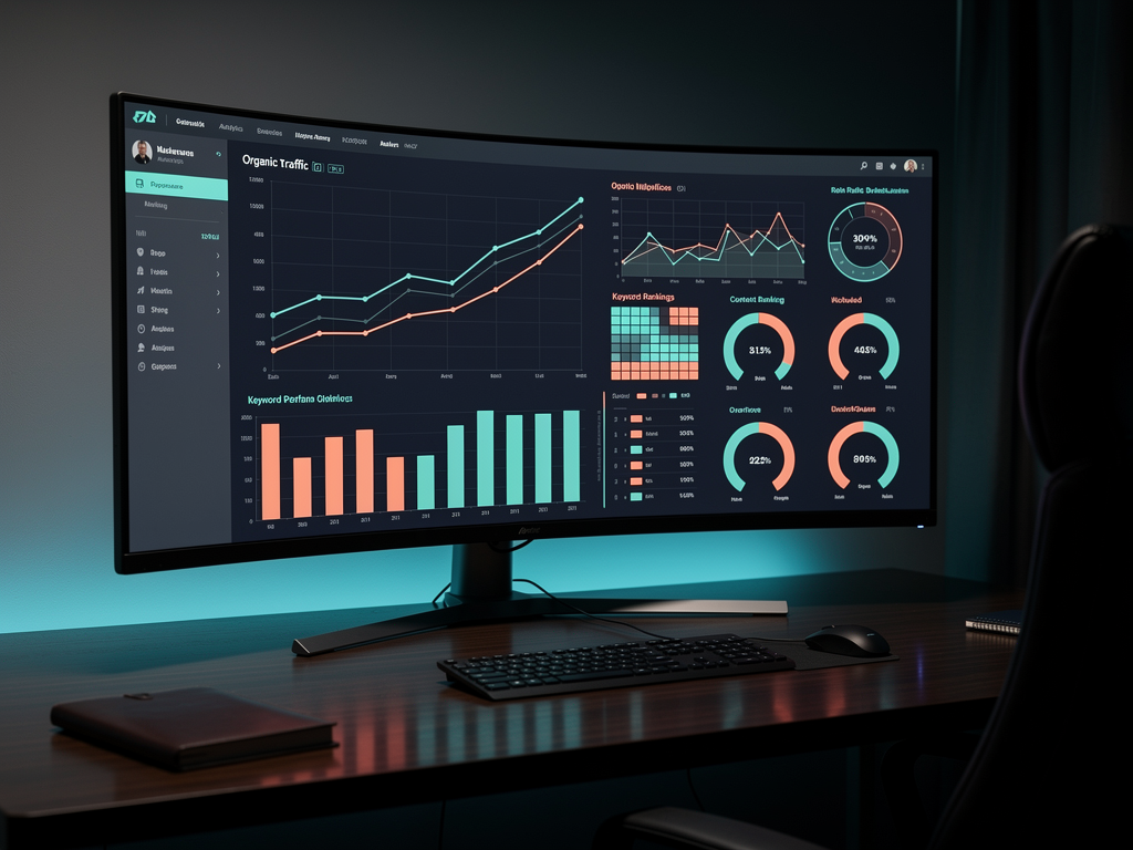 A comprehensive SEO analytics dashboard displaying organic traffic trends, keyword ranking distributions, content performance heatmaps, and ROI calculations, with interactive charts and data visualizations in a professional business intelligence interface style
