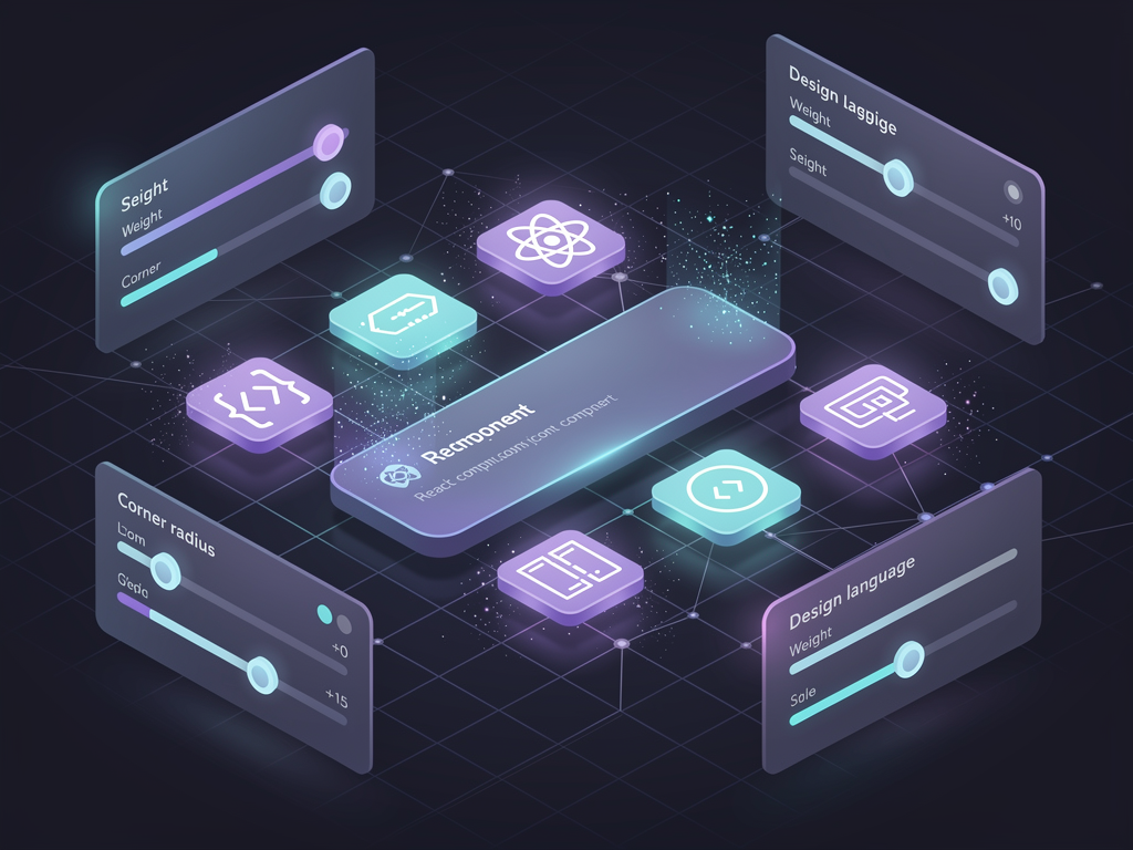 Futuristic concept visualization showing AI-powered icon generation interface where a user types a description and receives multiple icon variations in real-time, with style controls for adjusting weight, corner radius, and design language