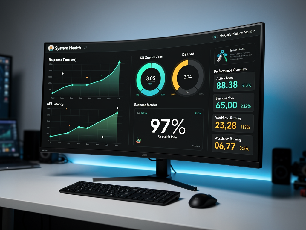 Performance monitoring dashboard displaying real-time metrics for a no-code platform including response times, database query performance, cache hit rates, and active user counts. Multiple graphs show trends over time with green indicators for healthy metrics and alerts for areas requiring attention.