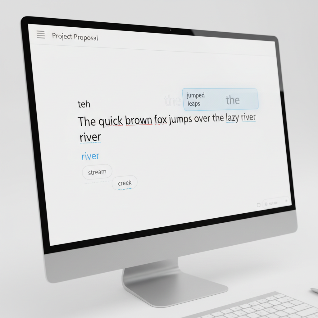 Close-up view of a computer screen displaying a document with text being automatically corrected and word suggestions appearing in real-time, highlighting the seamless integration of modern autocorrect features.