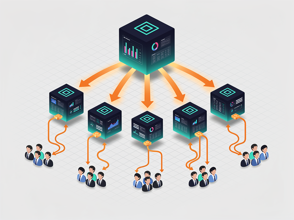 Architectural diagram showing multi-tenant SaaS platform structure with main platform at top, multiple client tenants in middle layer, and end users at bottom, with payment flow arrows indicating Stripe Connect processing transactions between all levels