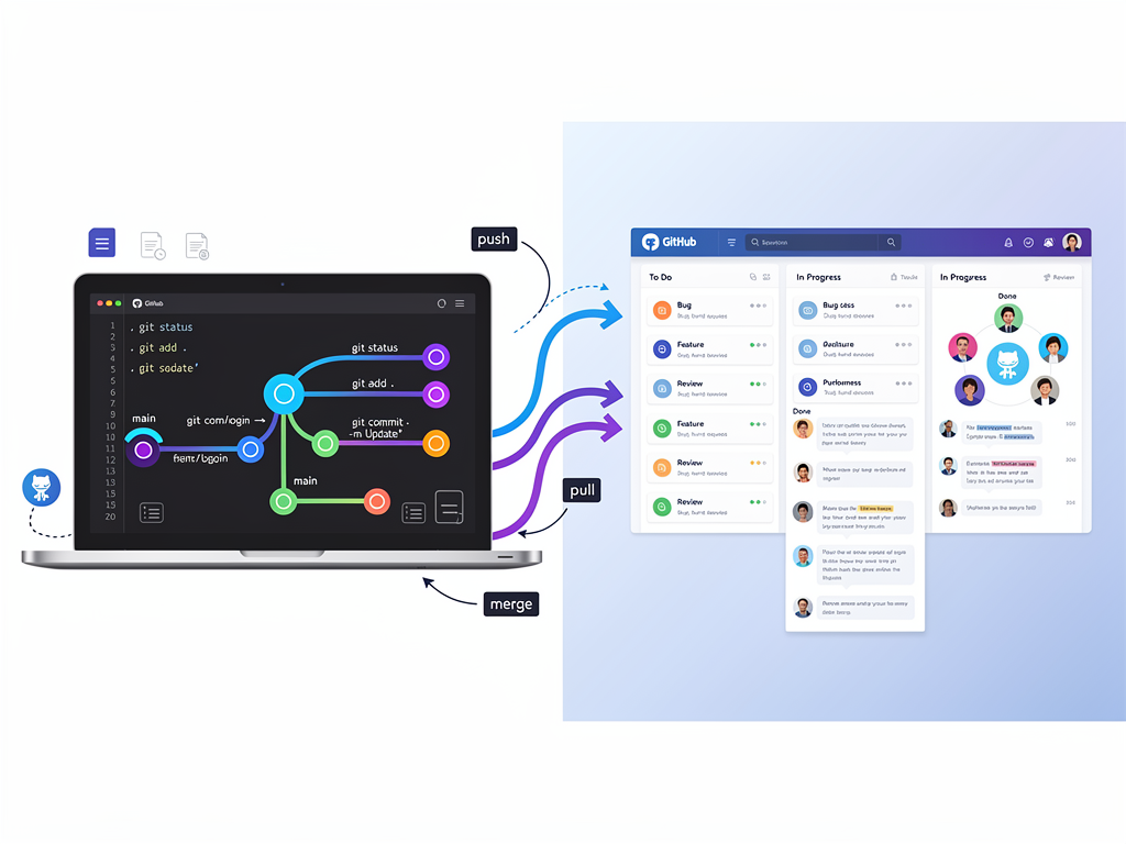A detailed infographic showing GitHub's collaboration features including pull requests with code review comments, issue tracking boards, and team discussion threads, displayed in a clean dashboard layout with icons representing different features and arrows showing workflow connections